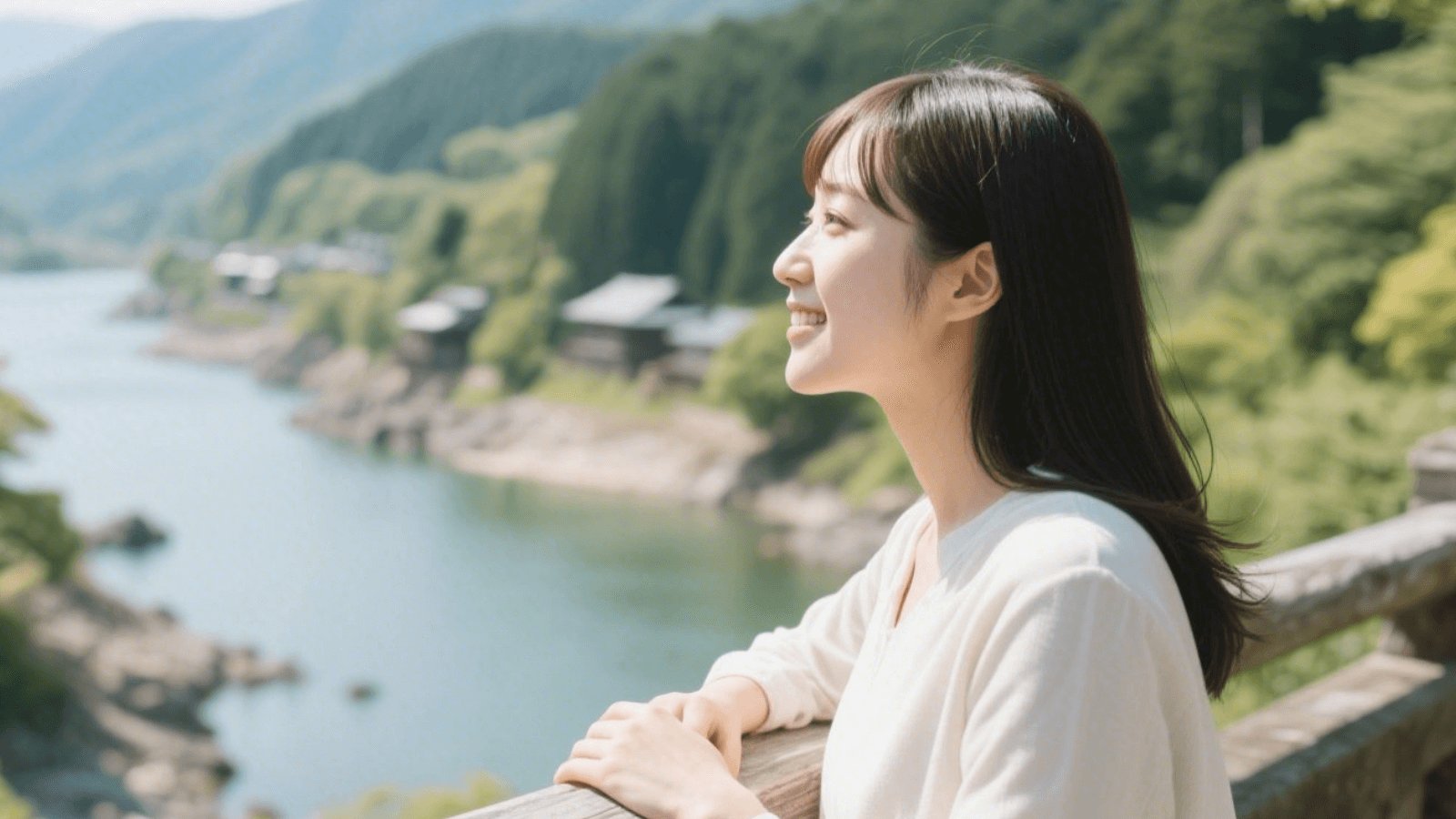 川辺で前を向く女性